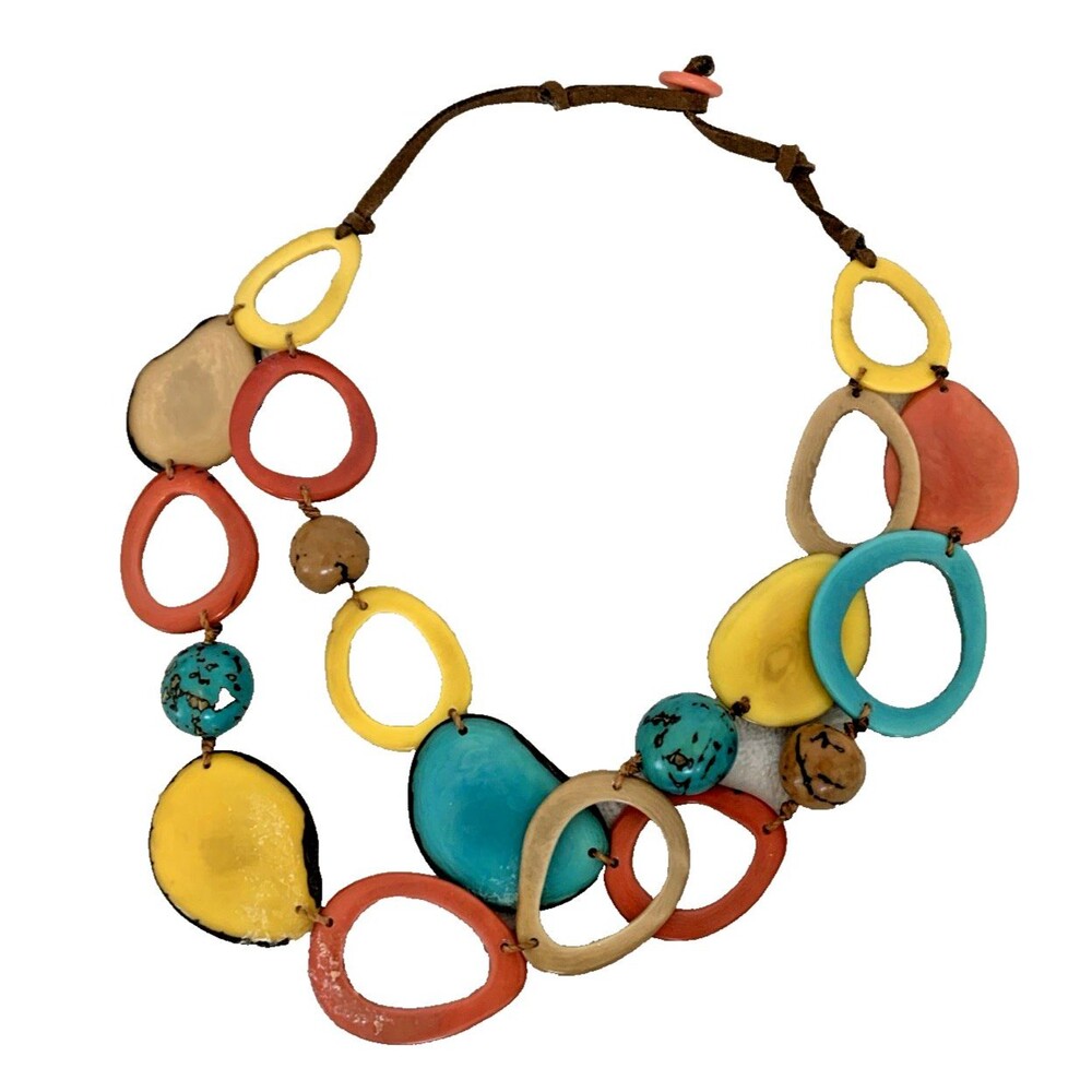 Colorful Tagua Inspired Plastic Link Statement Necklace Artisan Boho Retro